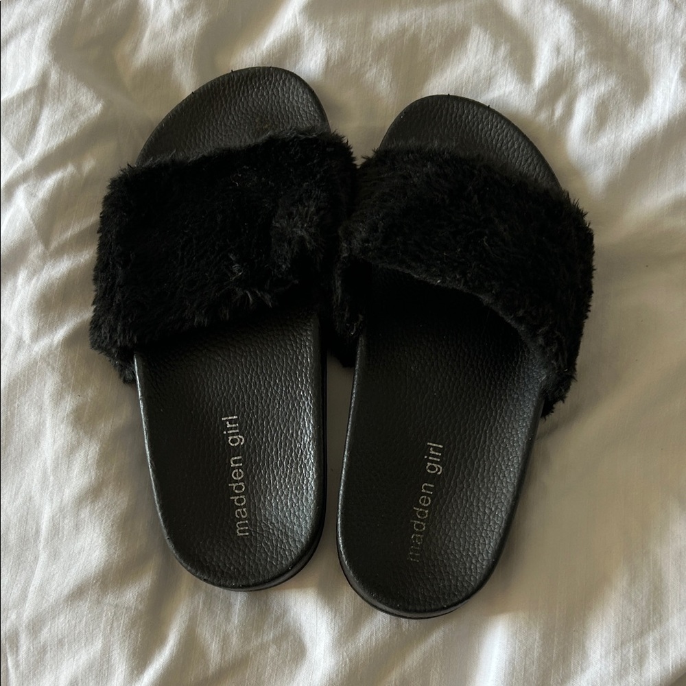 Madden Girl Fuzzy Black Slippers with indoor/outdoor sole